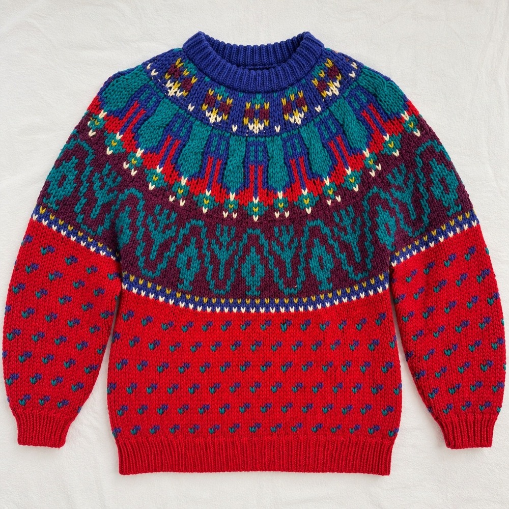 Vintage 90s Ivy Hand Knit Fair Isle Sweater M Rainbow Vibrant Dopamine Maximalis